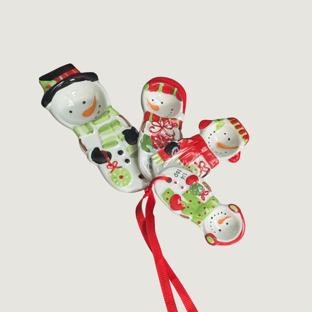 Pier 1 Imports Snowman Ceramic Measuring Spoons Set Christmas Holiday Decor